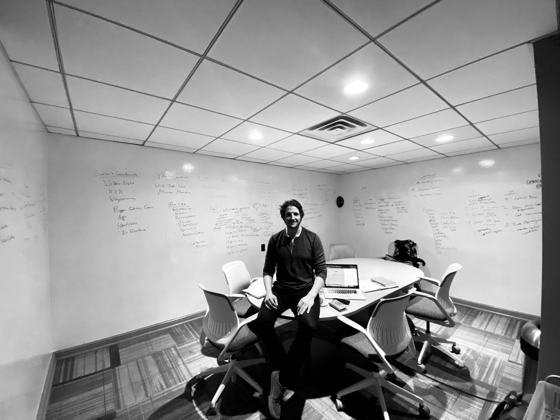 Logan Crowell in a whiteboard strategy session
